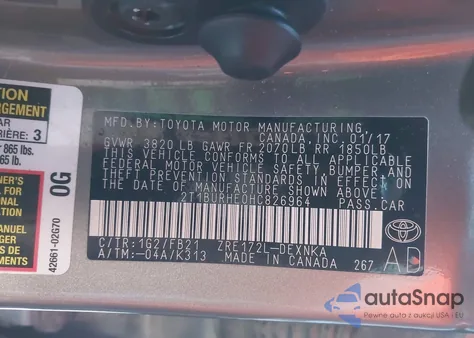 2017 Toyota Corolla Le from USA, damaged, VIN 2T1BURHE0HC826964